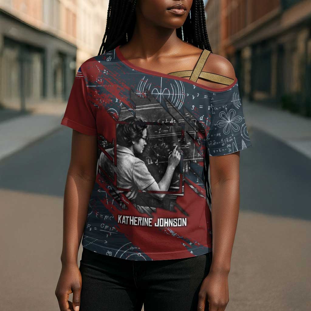 Katherine Johnson Cross Shoulder Shirt with Chalkboard Math Scene, Verify the Numbers Quote and Space Orbit - African Pride