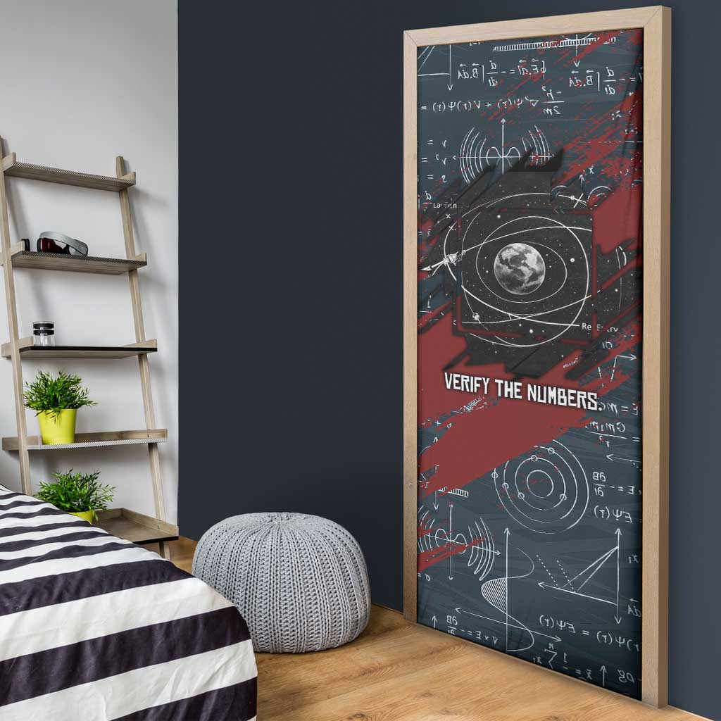 Katherine Johnson Door Cover with Chalkboard Math Scene, Verify the Numbers Quote and Space Orbit - African Pride