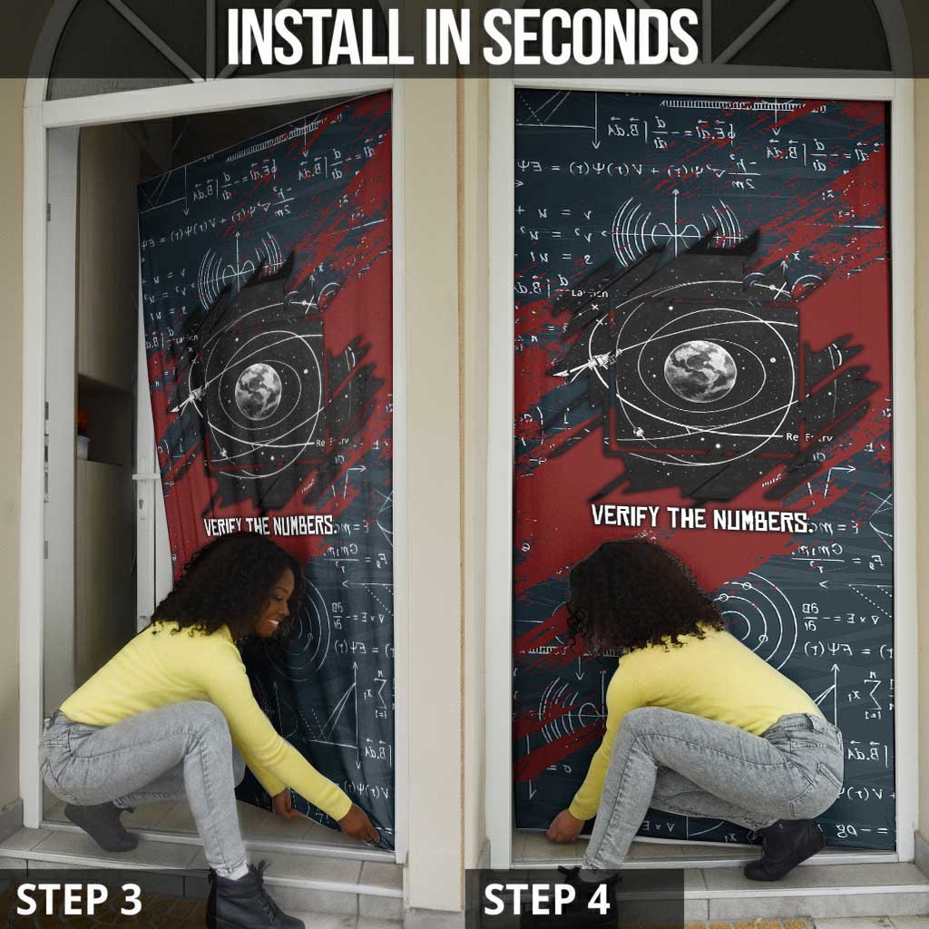 Katherine Johnson Door Cover with Chalkboard Math Scene, Verify the Numbers Quote and Space Orbit - African Pride
