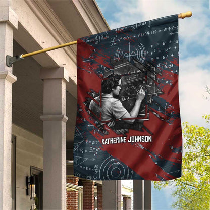 Katherine Johnson Garden Flag with Chalkboard Math Scene, Verify the Numbers Quote and Space Orbit - African Pride