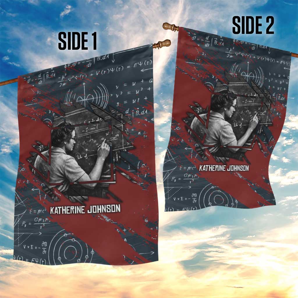 Katherine Johnson Garden Flag with Chalkboard Math Scene, Verify the Numbers Quote and Space Orbit - African Pride