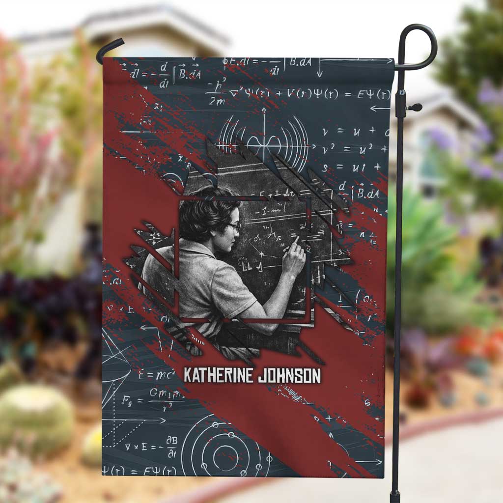 Katherine Johnson Garden Flag with Chalkboard Math Scene, Verify the Numbers Quote and Space Orbit - African Pride