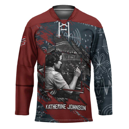 Katherine Johnson Hockey Jersey with Chalkboard Math Scene, Verify the Numbers Quote and Space Orbit - African Pride