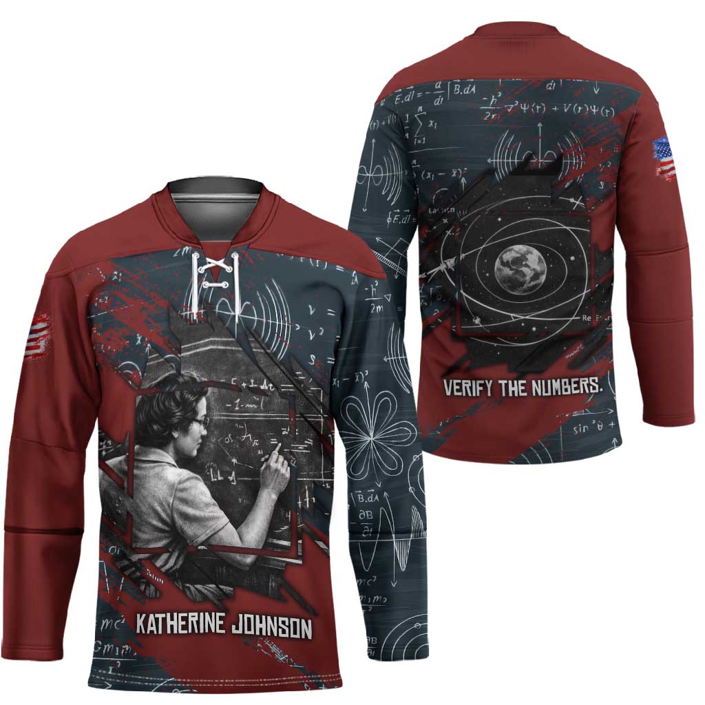 Katherine Johnson Hockey Jersey with Chalkboard Math Scene, Verify the Numbers Quote and Space Orbit - African Pride