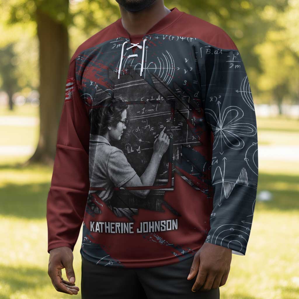 Katherine Johnson Hockey Jersey with Chalkboard Math Scene, Verify the Numbers Quote and Space Orbit - African Pride