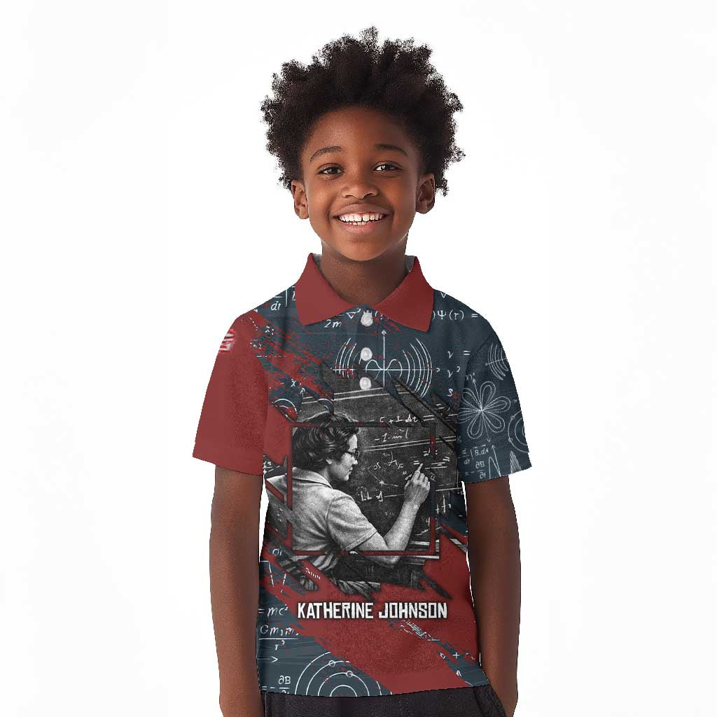 Katherine Johnson Kid Polo Shirt with Chalkboard Math Scene, Verify the Numbers Quote and Space Orbit - African Pride