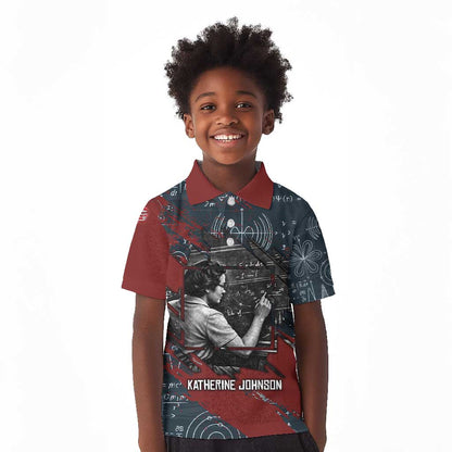 Katherine Johnson Kid Polo Shirt with Chalkboard Math Scene, Verify the Numbers Quote and Space Orbit - African Pride