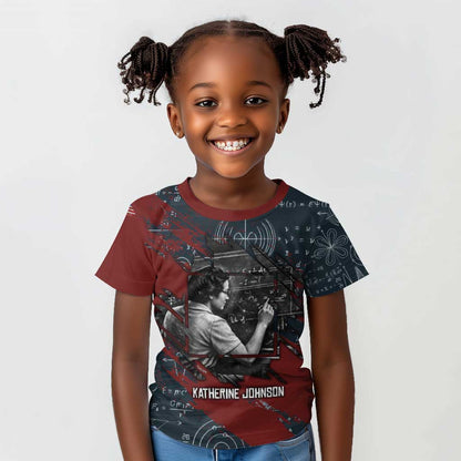 Katherine Johnson Kid T shirt with Chalkboard Math Scene, Verify the Numbers Quote and Space Orbit - African Pride