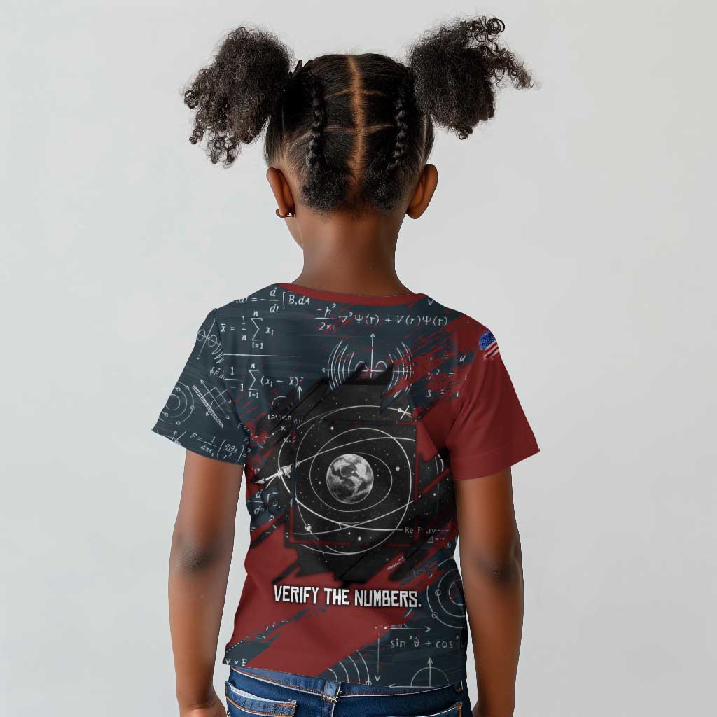 Katherine Johnson Kid T shirt with Chalkboard Math Scene, Verify the Numbers Quote and Space Orbit - African Pride