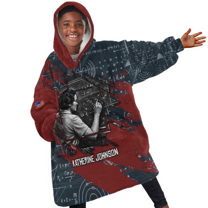Katherine Johnson Kid Wearable Blanket Hoodie with Chalkboard Math Scene, Verify the Numbers Quote and Space Orbit - African Pride
