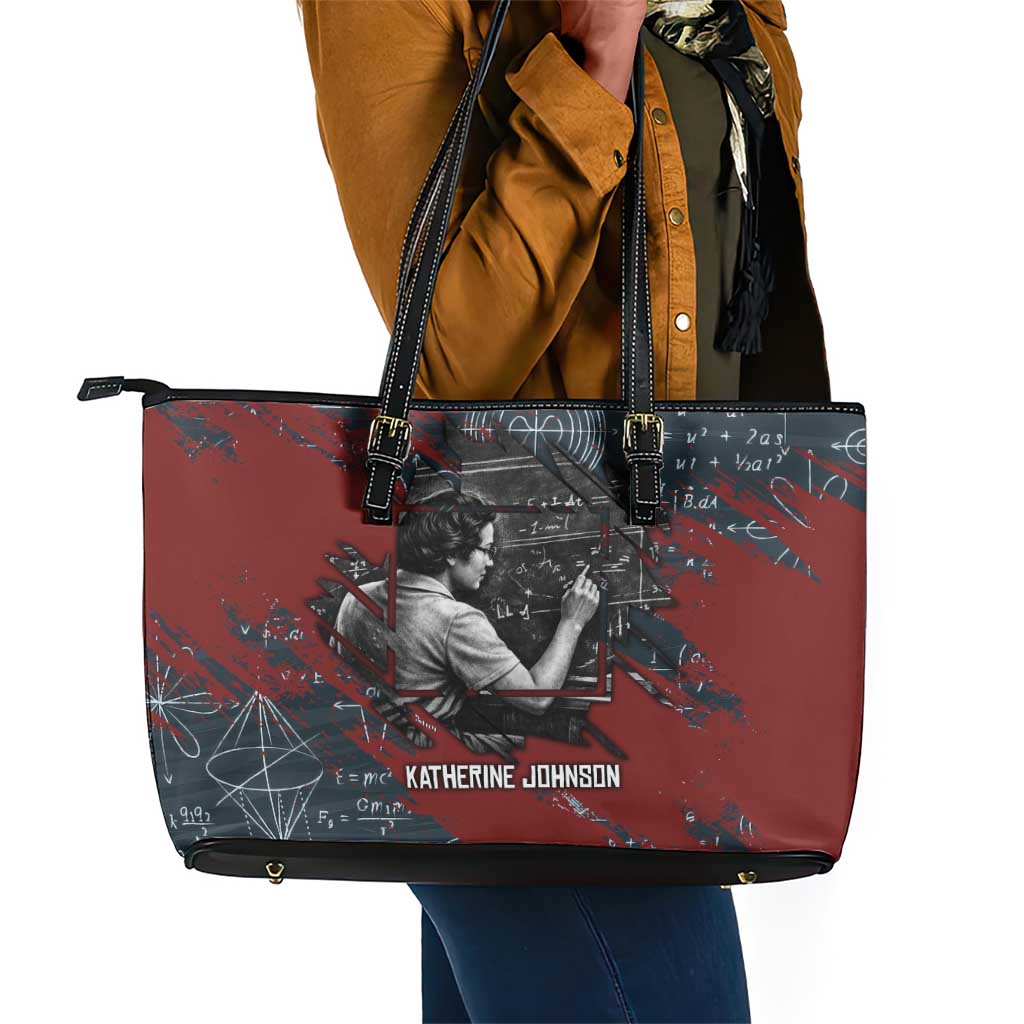 Katherine Johnson Leather Tote Bag with Chalkboard Math Scene, Verify the Numbers Quote and Space Orbit - African Pride