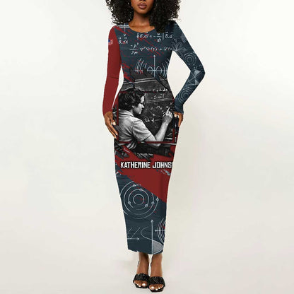 Katherine Johnson Long Sleeve Bodycon Dress with Chalkboard Math Scene, Verify the Numbers Quote and Space Orbit - African Pride