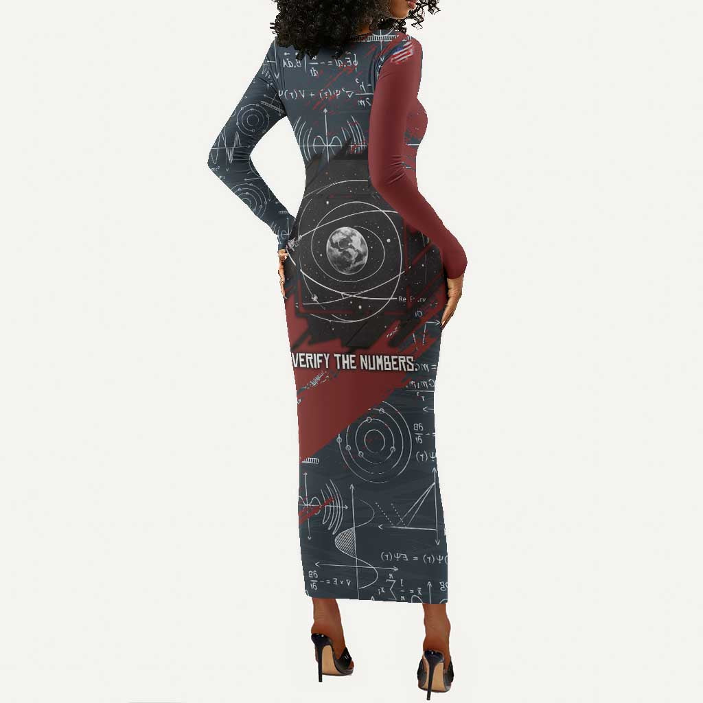 Katherine Johnson Long Sleeve Bodycon Dress with Chalkboard Math Scene, Verify the Numbers Quote and Space Orbit - African Pride