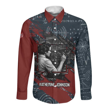 Katherine Johnson Long Sleeve Button Shirt with Chalkboard Math Scene, Verify the Numbers Quote and Space Orbit - African Pride