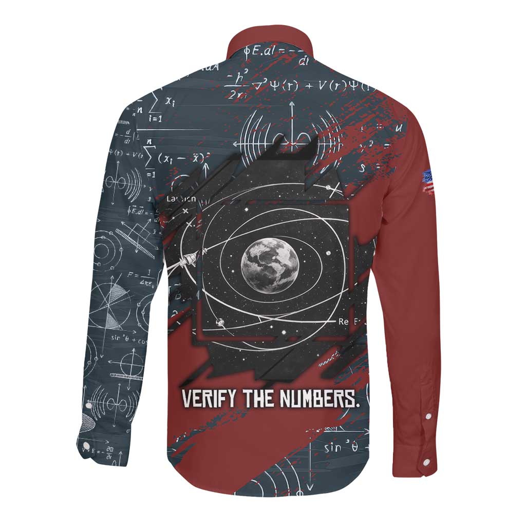 Katherine Johnson Long Sleeve Button Shirt with Chalkboard Math Scene, Verify the Numbers Quote and Space Orbit - African Pride