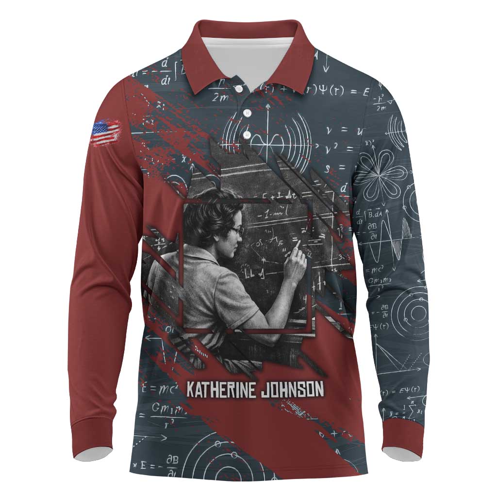 Katherine Johnson Long Sleeve Polo Shirt with Chalkboard Math Scene, Verify the Numbers Quote and Space Orbit - African Pride