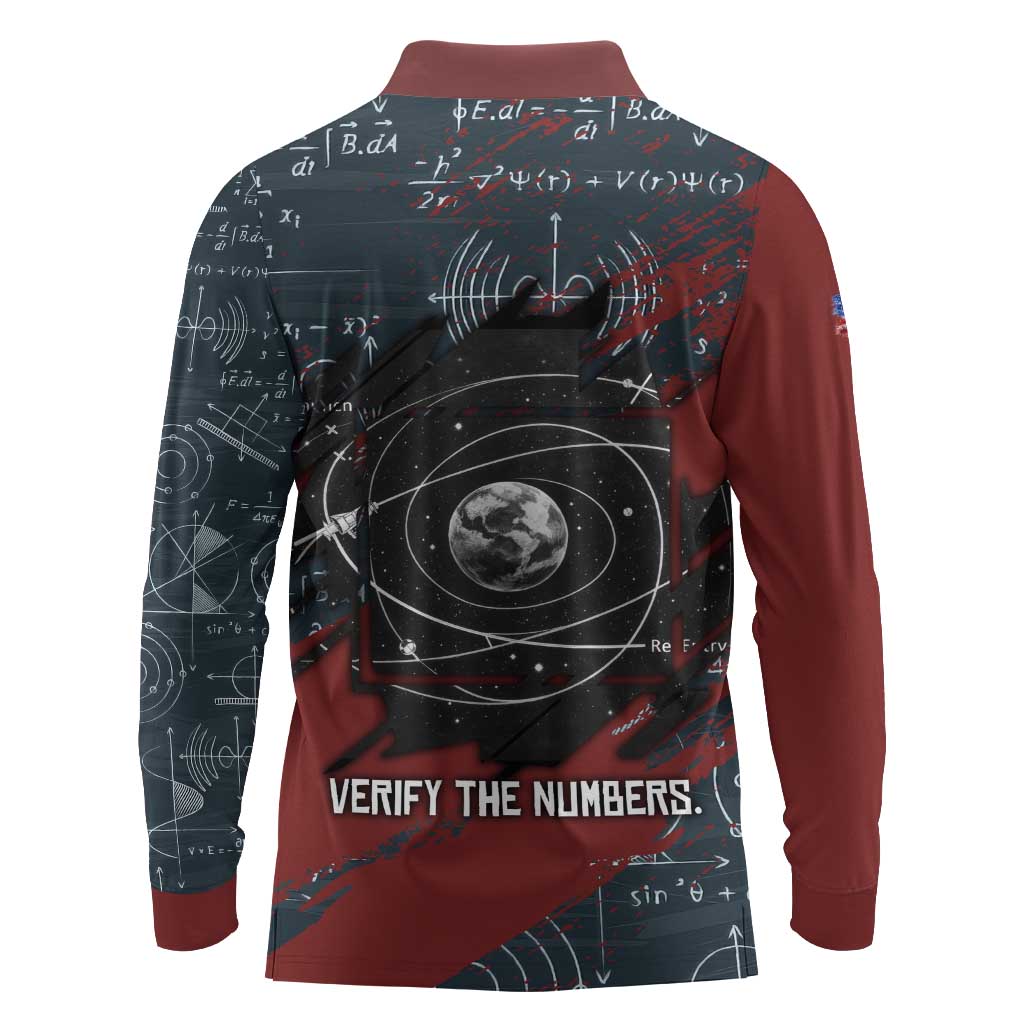 Katherine Johnson Long Sleeve Polo Shirt with Chalkboard Math Scene, Verify the Numbers Quote and Space Orbit - African Pride