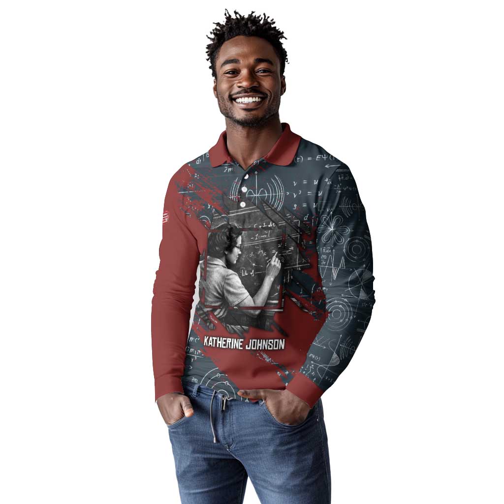 Katherine Johnson Long Sleeve Polo Shirt with Chalkboard Math Scene, Verify the Numbers Quote and Space Orbit - African Pride