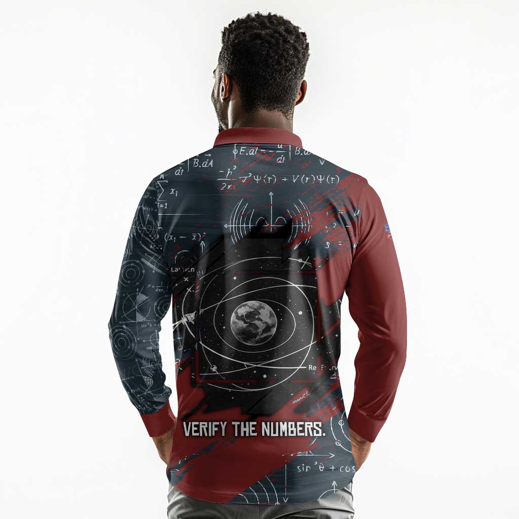 Katherine Johnson Long Sleeve Polo Shirt with Chalkboard Math Scene, Verify the Numbers Quote and Space Orbit - African Pride