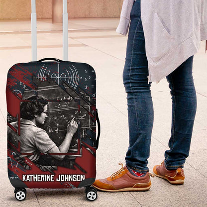 Katherine Johnson Luggage Cover with Chalkboard Math Scene, Verify the Numbers Quote and Space Orbit - African Pride