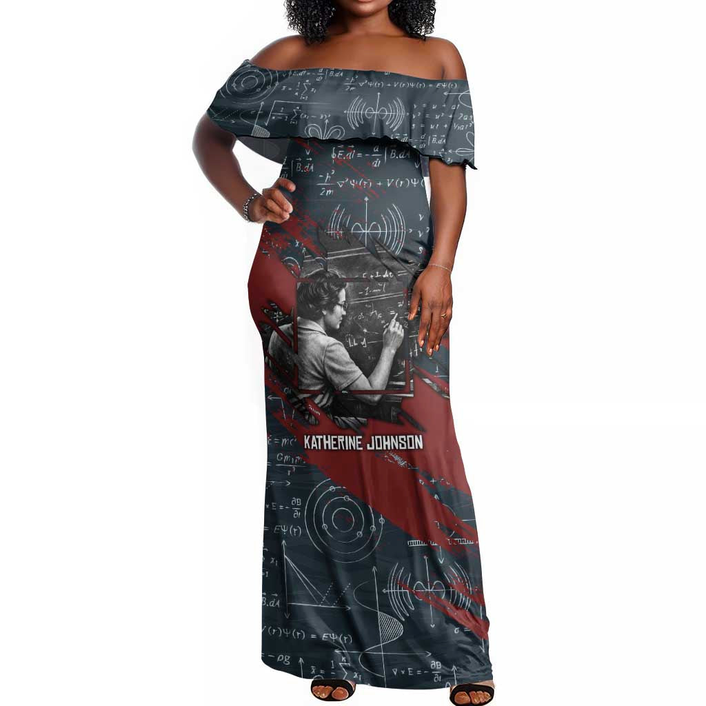 Katherine Johnson Off Shoulder Maxi Dress with Chalkboard Math Scene, Verify the Numbers Quote and Space Orbit - African Pride
