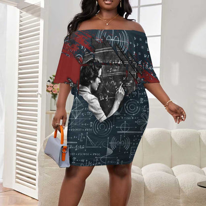 Katherine Johnson Off Shoulder Short Dress with Chalkboard Math Scene, Verify the Numbers Quote and Space Orbit - African Pride