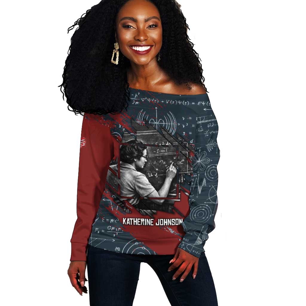 Katherine Johnson Off Shoulder Sweater with Chalkboard Math Scene, Verify the Numbers Quote and Space Orbit - African Pride
