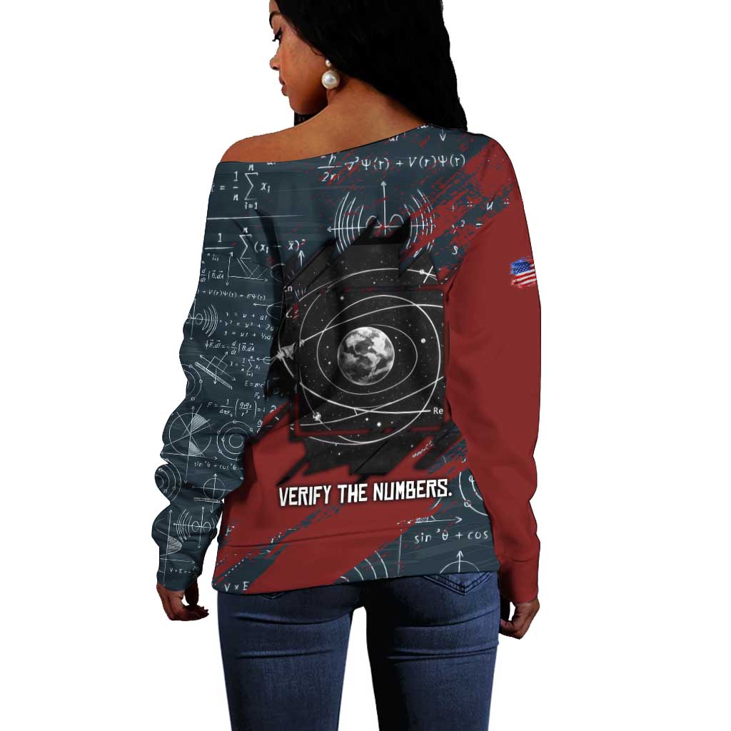 Katherine Johnson Off Shoulder Sweater with Chalkboard Math Scene, Verify the Numbers Quote and Space Orbit - African Pride