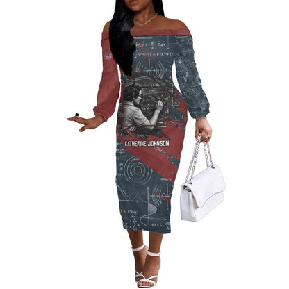 Katherine Johnson Off The Shoulder Long Sleeve Dress with Chalkboard Math Scene, Verify the Numbers Quote and Space Orbit - African Pride