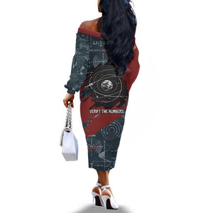 Katherine Johnson Off The Shoulder Long Sleeve Dress with Chalkboard Math Scene, Verify the Numbers Quote and Space Orbit - African Pride