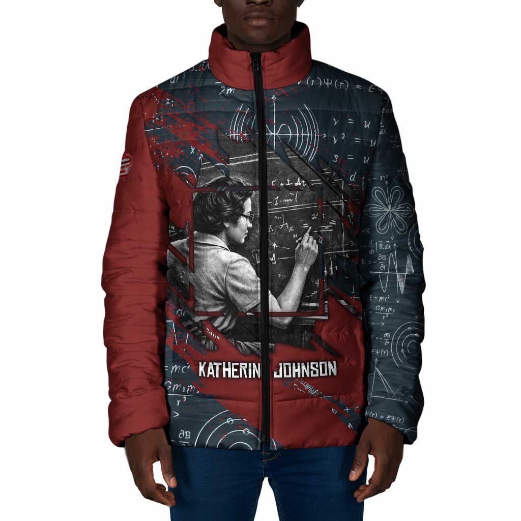 Katherine Johnson Padded Jacket with Chalkboard Math Scene, Verify the Numbers Quote and Space Orbit - African Pride