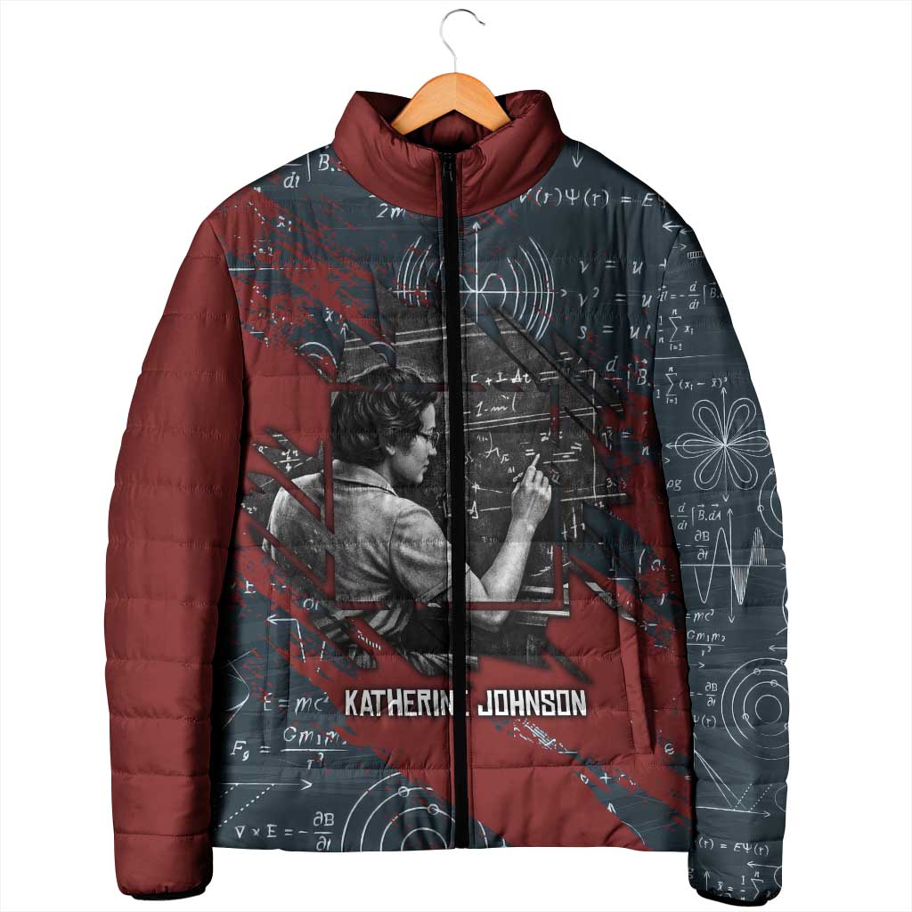 Katherine Johnson Padded Jacket with Chalkboard Math Scene, Verify the Numbers Quote and Space Orbit - African Pride