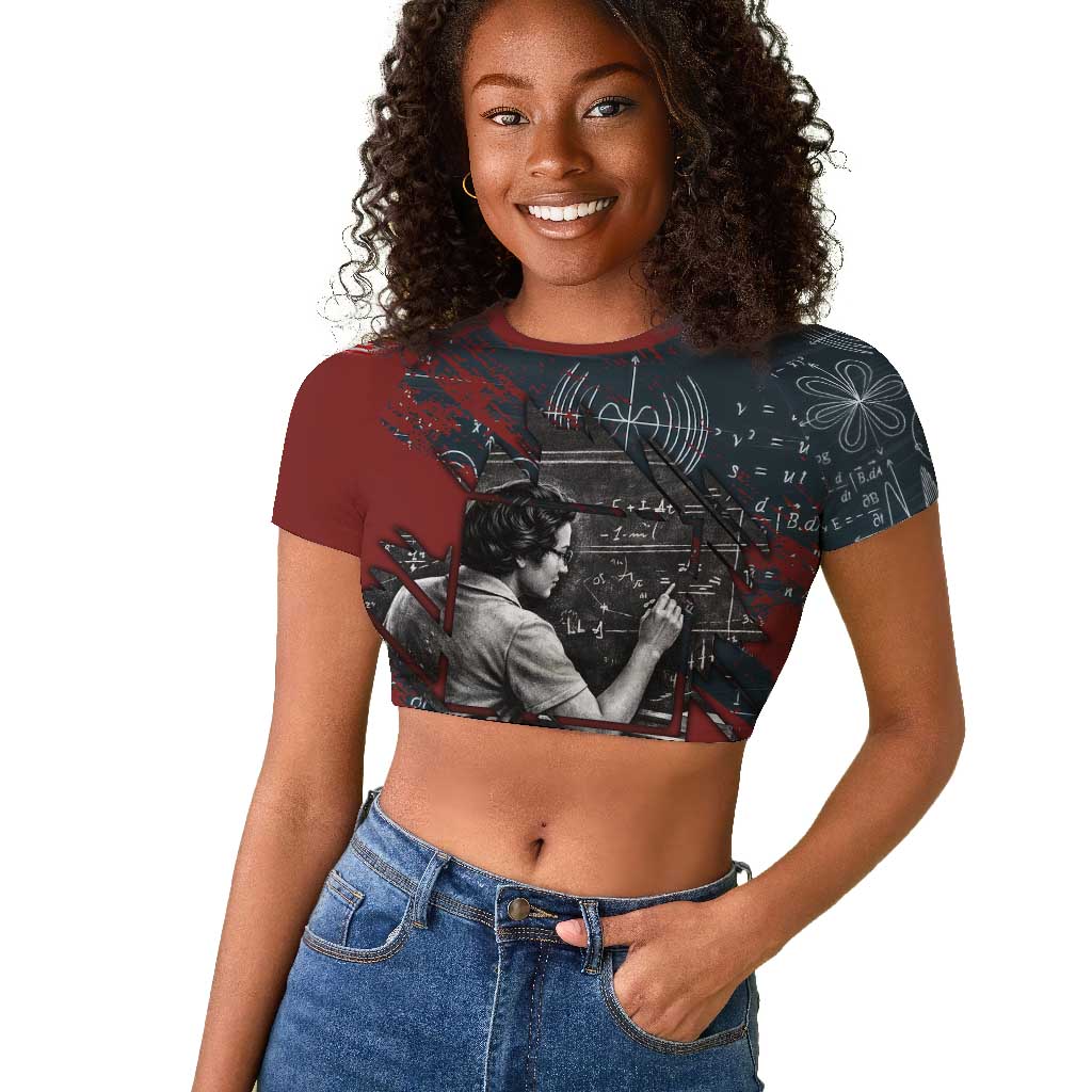 Katherine Johnson Raglan Cropped T shirt with Chalkboard Math Scene, Verify the Numbers Quote and Space Orbit - African Pride