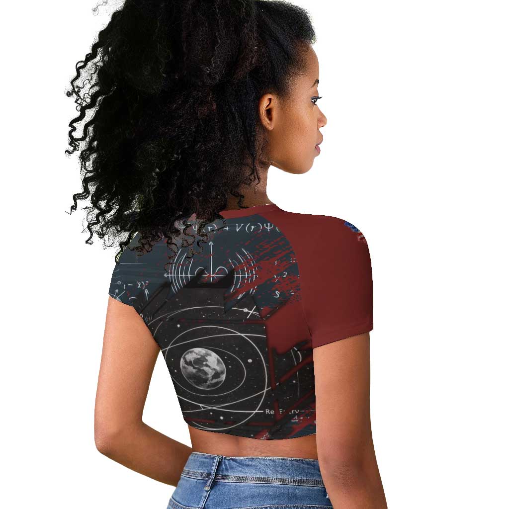 Katherine Johnson Raglan Cropped T shirt with Chalkboard Math Scene, Verify the Numbers Quote and Space Orbit - African Pride