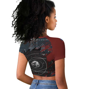 Katherine Johnson Raglan Cropped T shirt with Chalkboard Math Scene, Verify the Numbers Quote and Space Orbit - African Pride