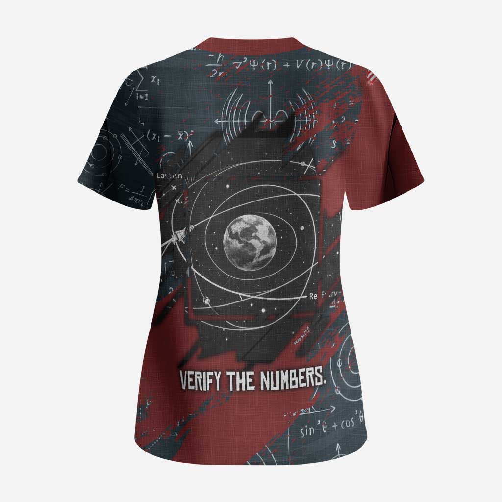 Katherine Johnson Scrub Top with Chalkboard Math Scene, Verify the Numbers Quote and Space Orbit - African Pride
