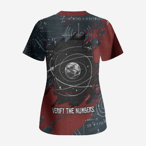 Katherine Johnson Scrub Top with Chalkboard Math Scene, Verify the Numbers Quote and Space Orbit - African Pride