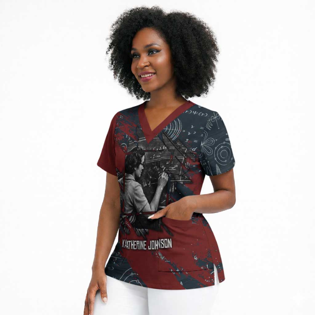 Katherine Johnson Scrub Top with Chalkboard Math Scene, Verify the Numbers Quote and Space Orbit - African Pride