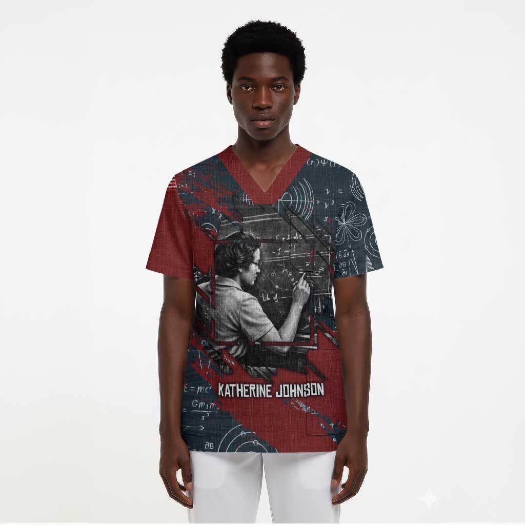 Katherine Johnson Scrub Top with Chalkboard Math Scene, Verify the Numbers Quote and Space Orbit - African Pride