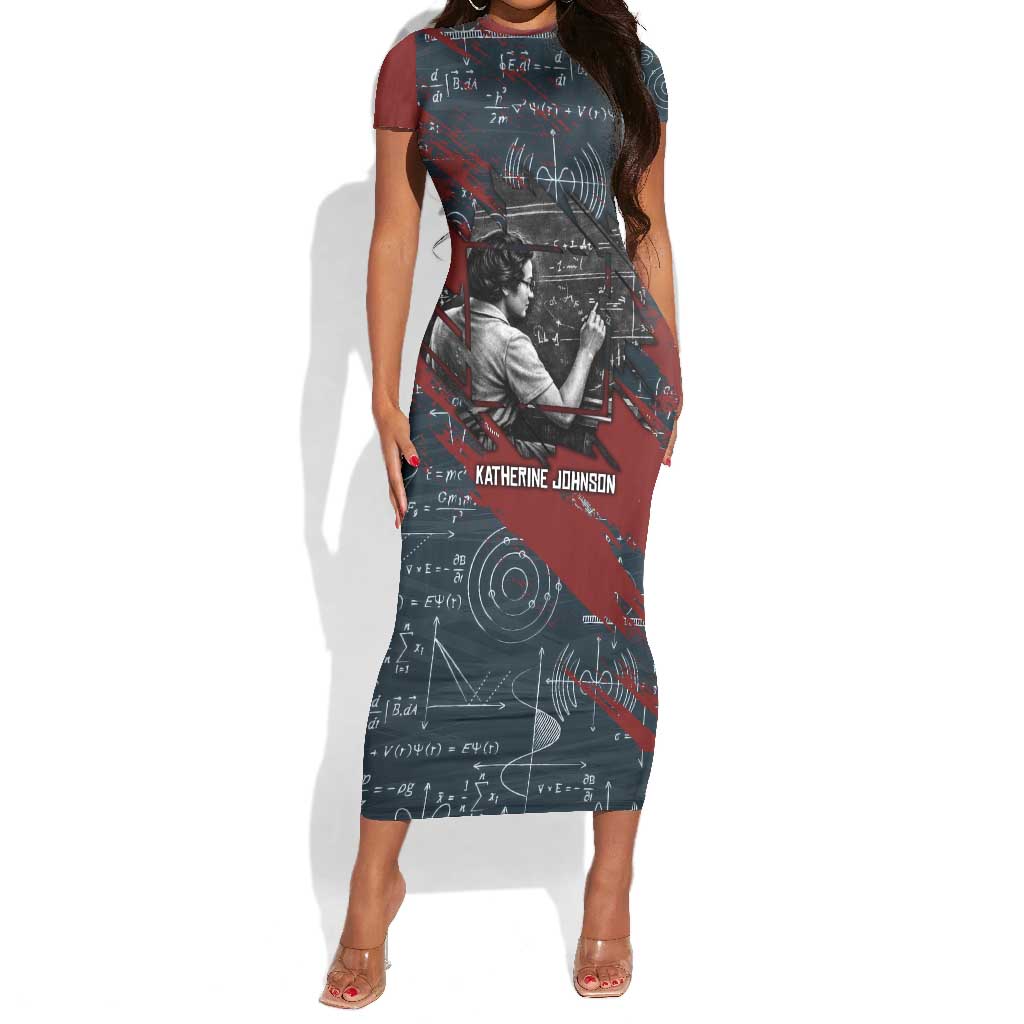 Katherine Johnson Short Sleeve Bodycon Dress with Chalkboard Math Scene, Verify the Numbers Quote and Space Orbit - African Pride