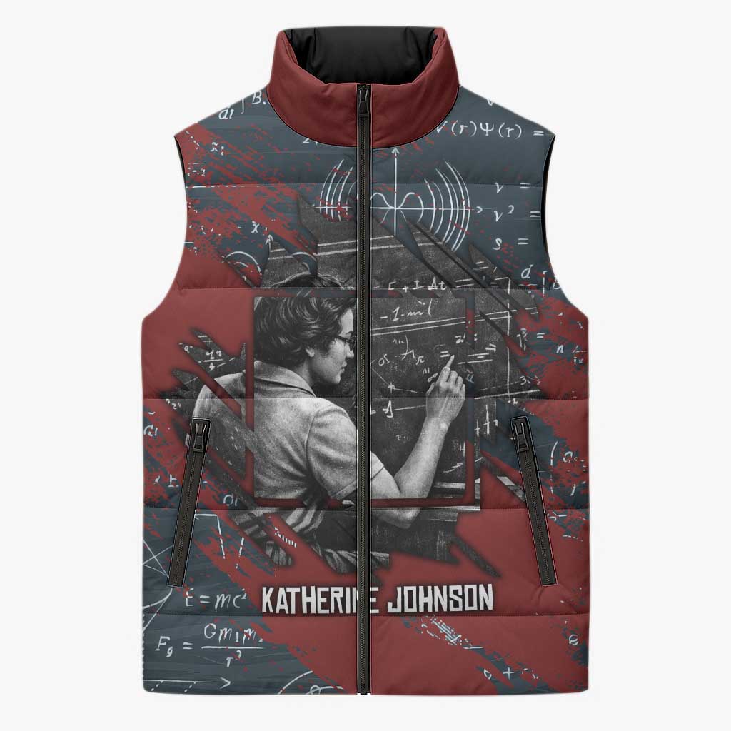Katherine Johnson Sleeveless Puffer Jacket with Chalkboard Math Scene, Verify the Numbers Quote and Space Orbit - African Pride