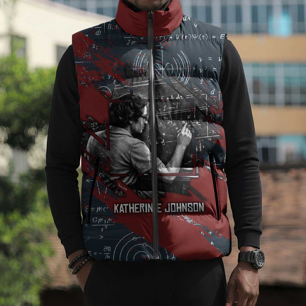 Katherine Johnson Sleeveless Puffer Jacket with Chalkboard Math Scene, Verify the Numbers Quote and Space Orbit - African Pride
