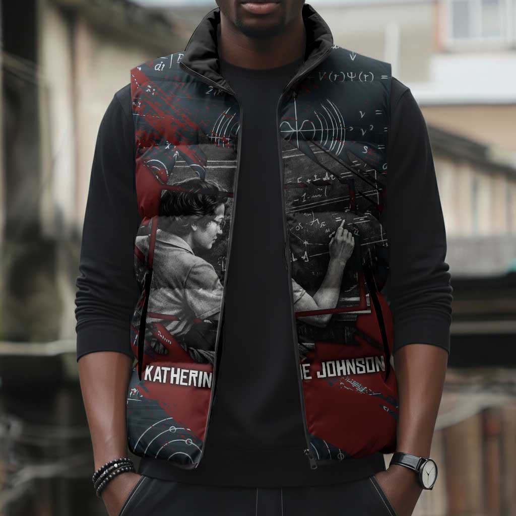 Katherine Johnson Sleeveless Puffer Jacket with Chalkboard Math Scene, Verify the Numbers Quote and Space Orbit - African Pride