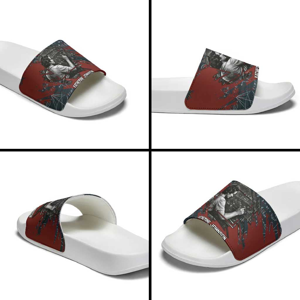 Katherine Johnson Slide Sandals with Chalkboard Math Scene, Verify the Numbers Quote and Space Orbit - African Pride