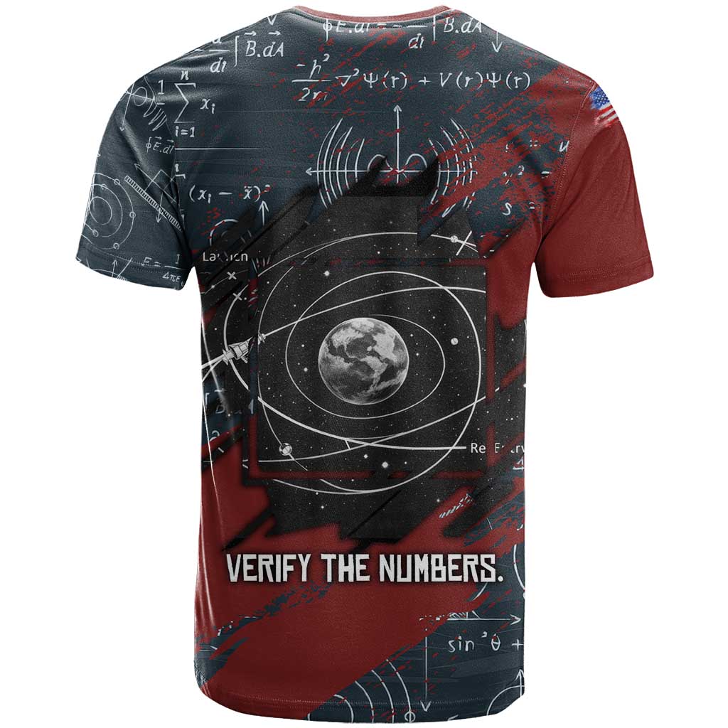 Katherine Johnson T shirt with Chalkboard Math Scene, Verify the Numbers Quote and Space Orbit - African Pride