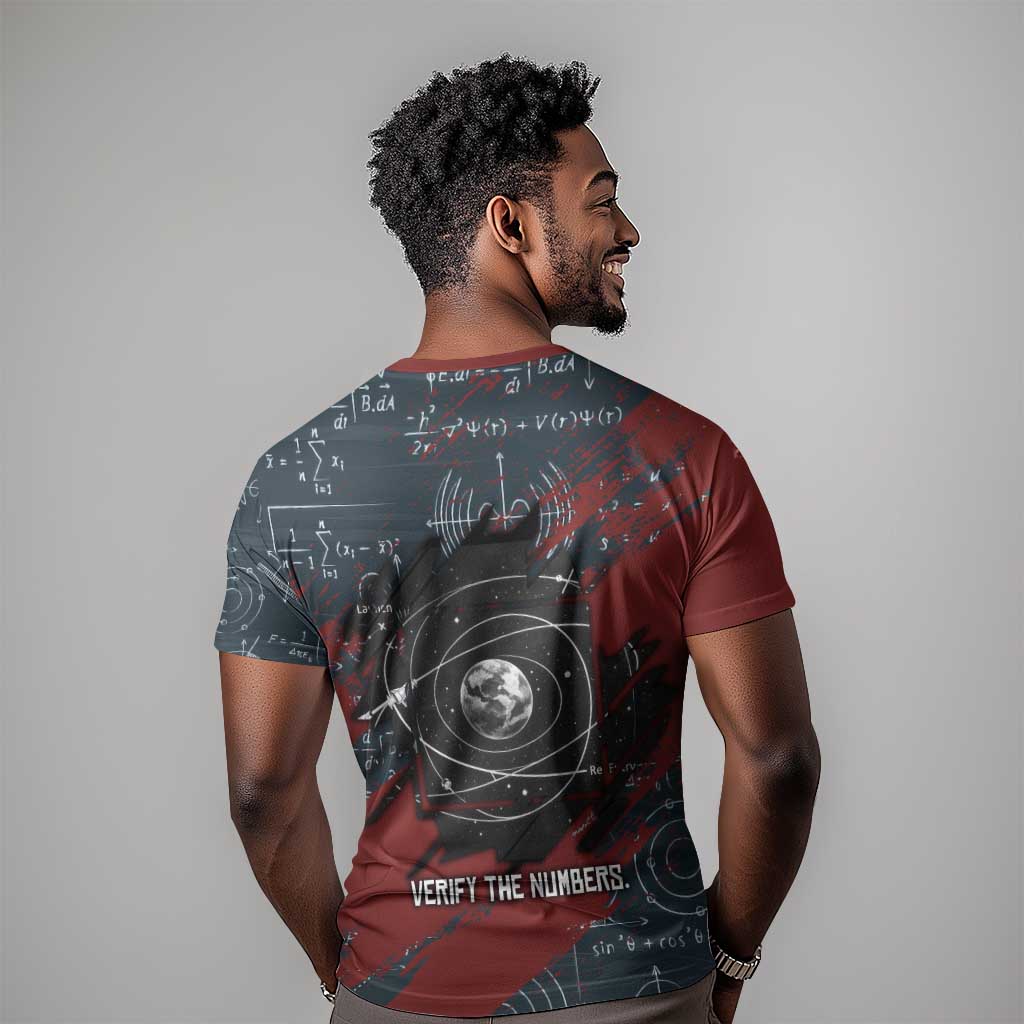 Katherine Johnson T shirt with Chalkboard Math Scene, Verify the Numbers Quote and Space Orbit - African Pride