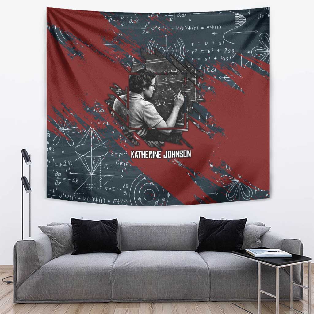 Katherine Johnson Tapestry with Chalkboard Math Scene, Verify the Numbers Quote and Space Orbit - African Pride
