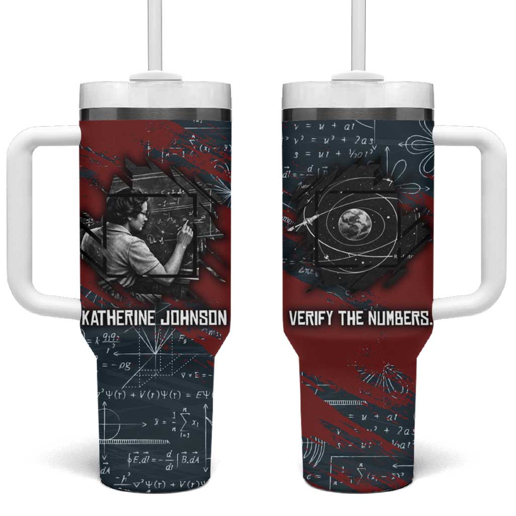 Katherine Johnson Tumbler With Handle with Chalkboard Math Scene, Verify the Numbers Quote and Space Orbit - African Pride