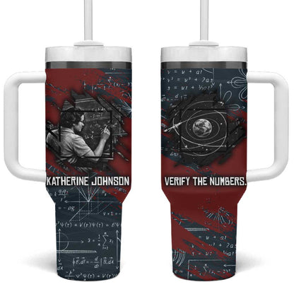 Katherine Johnson Tumbler With Handle with Chalkboard Math Scene, Verify the Numbers Quote and Space Orbit - African Pride