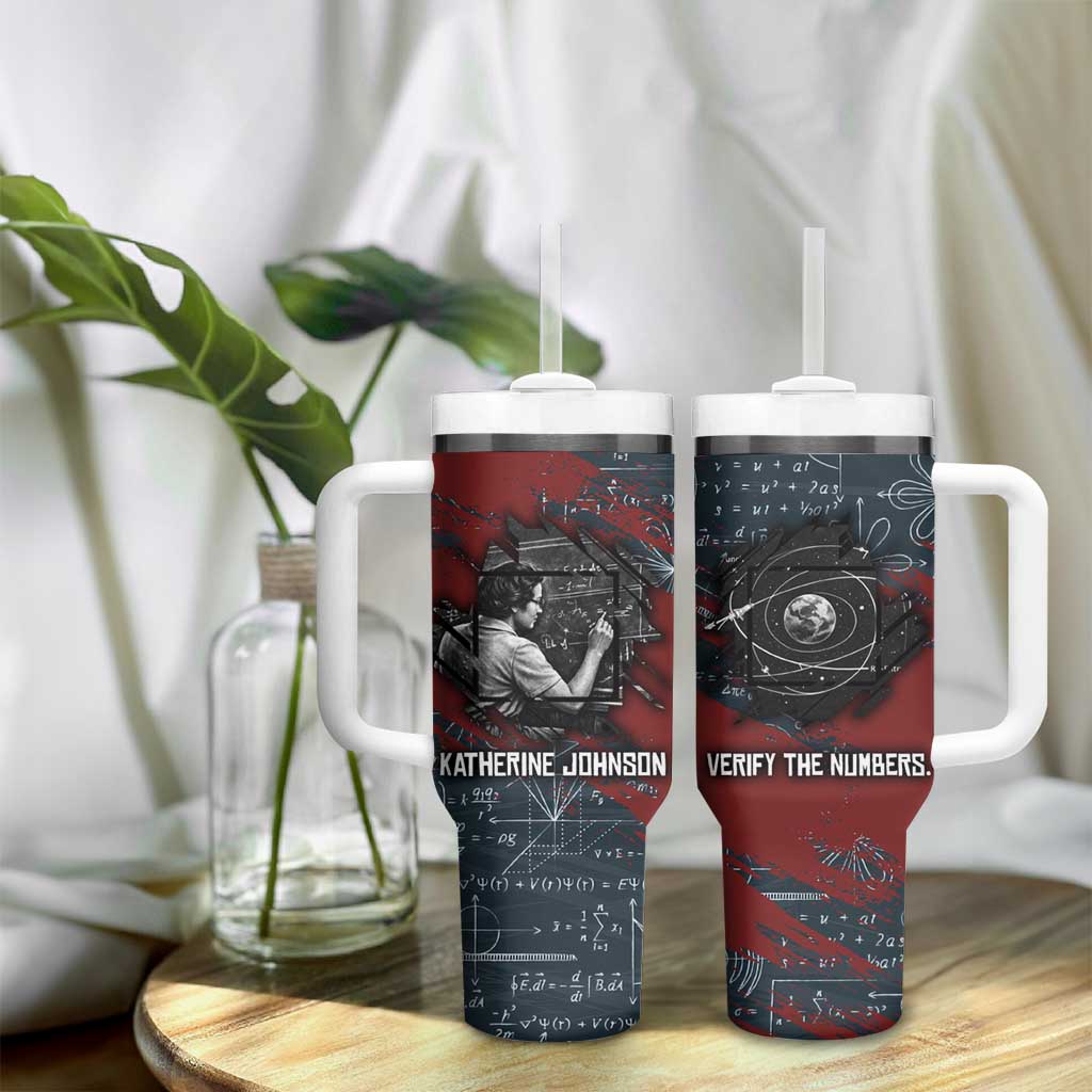 Katherine Johnson Tumbler With Handle with Chalkboard Math Scene, Verify the Numbers Quote and Space Orbit - African Pride